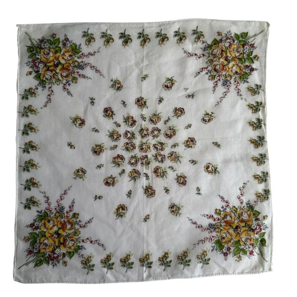 Vintage Womens Floral Handkerchief Yellow Roses  Delicate Green Accents Cotton B - Picture 2 of 10